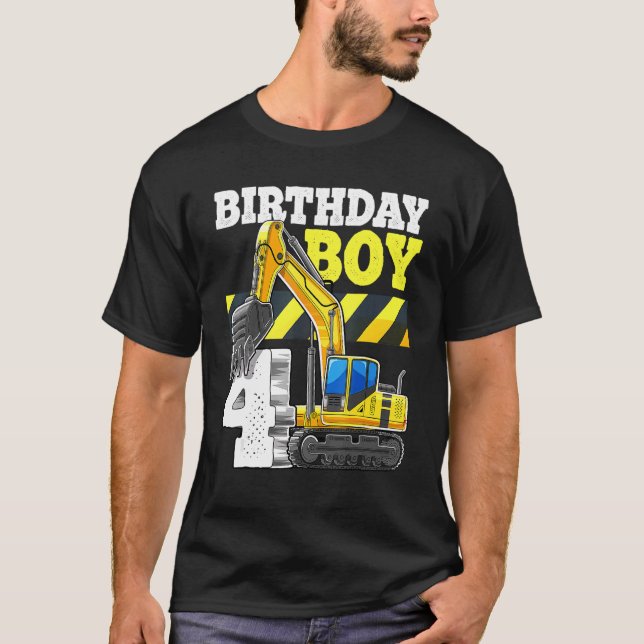 Birthday Boy 4th Birthday Excavator Construction V T-Shirt (Front)