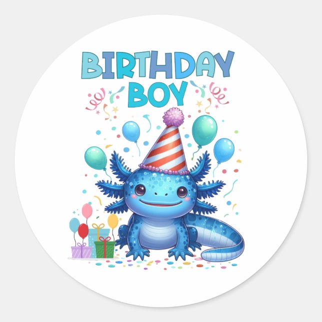 Birthday Boy Axolotl Vibes Cute Party Design Classic Round Sticker (Front)