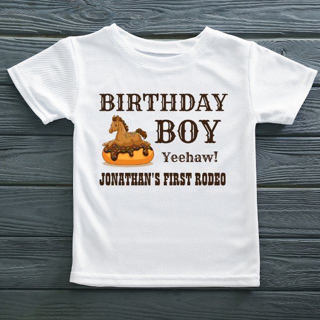 Birthday Boy Baby Horse on a Doughnut T-Shirt (Birthday Boy shirt with Name, Baby Horse on a donut)