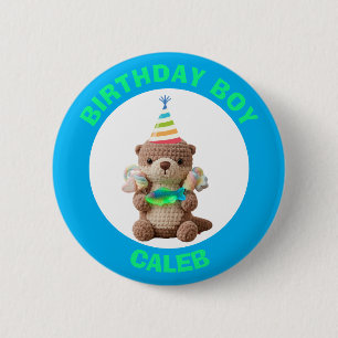 Birthday Boy   Blue and Green Teddy Bear 6 Cm Round Badge