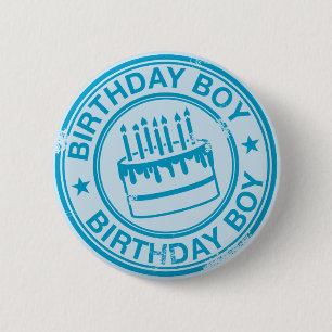 Birthday Boy -blue rubber stamp effect- 6 Cm Round Badge