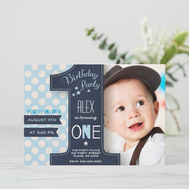 Birthday boy chalkboard One First Invitation (Standing Front)
