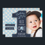Birthday boy chalkboard One First Invitation<br><div class="desc">A cute & modern first Birthday invitation with place for your own photo and a blue dot background. Original artwork by Caroline Bonne Müller</div>