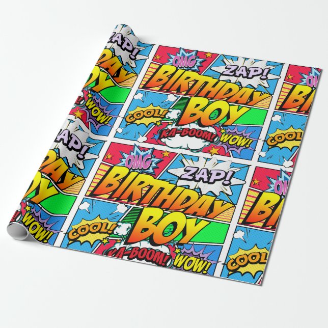 Birthday Boy Comic Book Wrapping Paper (Unrolled)