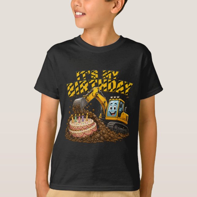 Birthday Boy Construction Excavator Cake T-Shirt (Front)