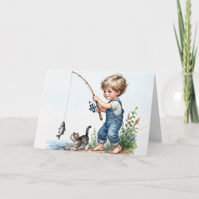 Birthday Boy Fishing With Kitten Card (Front)