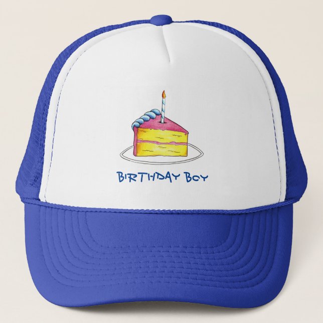 Birthday Boy Happy Birthday Cake Slice Candle Trucker Hat (Front)