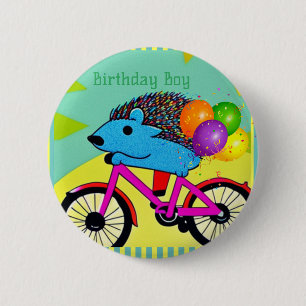 Birthday Boy Hedgehog Riding Bicycle Balloons    6 Cm Round Badge