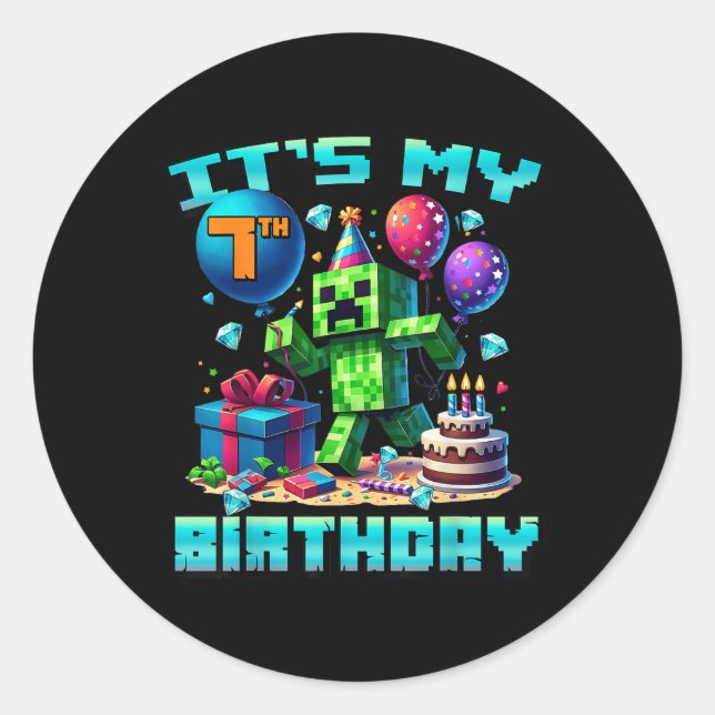 Birthday Boy Its My 7th Birthday Gamer Pixel Numbe Classic Round Sticker (Front)