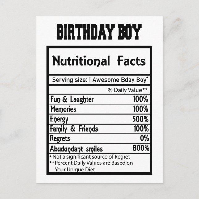 Birthday Boy Nutritional Facts  Postcard (Front)