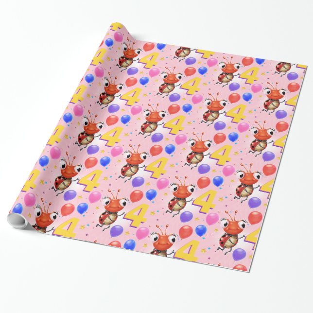 Birthday Boy or Girl age 4 Ladybug wrapping paper. Wrapping Paper (Unrolled)