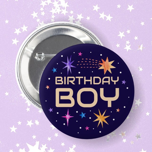 Birthday Boy Outer Space Stars Dark Purple 6 Cm Round Badge (Birthday Boy Outer Space Stars Dark Purple Button)