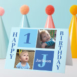 Birthday Boy Photo Personalised Cute Kids Blue Card<br><div class="desc">Cool 2 photo square happy birthday card for a little boy or toddler. Celebrate your child's birthday with cute photographs of them on this add your own photograph postcard with adorable blue squares. Add their name and age.</div>