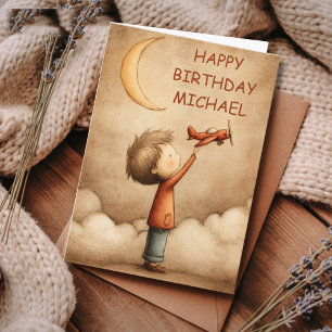 Birthday Boy Pilot and Toy Aeroplane Moon Custom Card