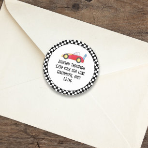 Birthday Boy Race Car Whimsical Return Address Classic Round Sticker