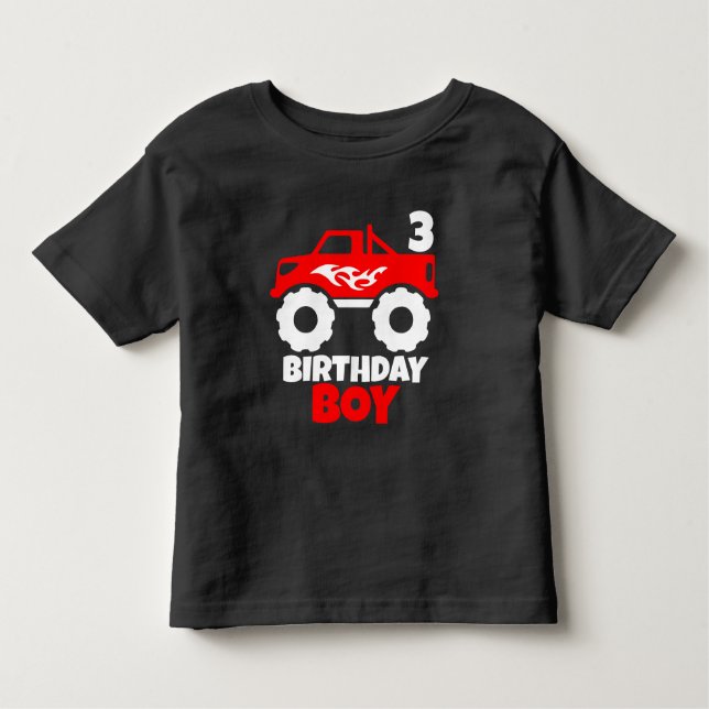 Birthday Boy Red Monster Truck with Age Black Toddler T-Shirt (Front)