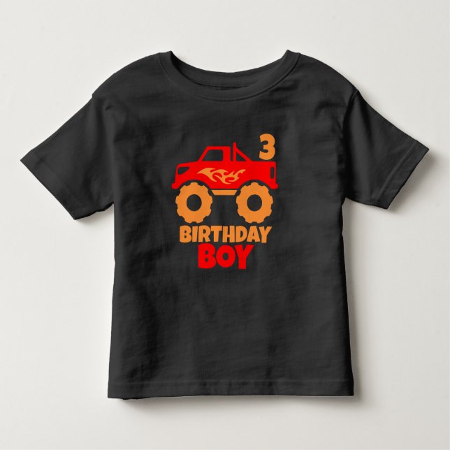 Birthday Boy Red Monster Truck with Age Orange Toddler T-Shirt (Front)