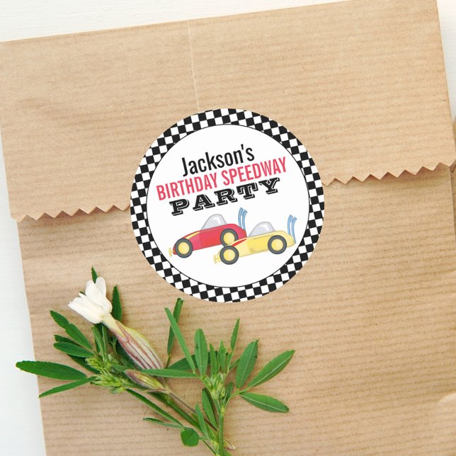 Birthday Boy Simple Race Car Whimsical Party Classic Round Sticker (Creator Uploaded)