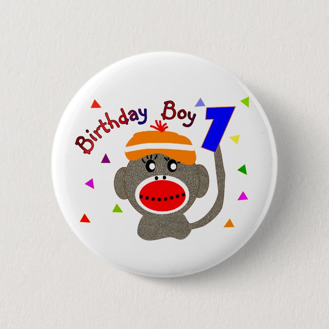 Birthday BOY Sock monkey 1 year old 6 Cm Round Badge (Front)