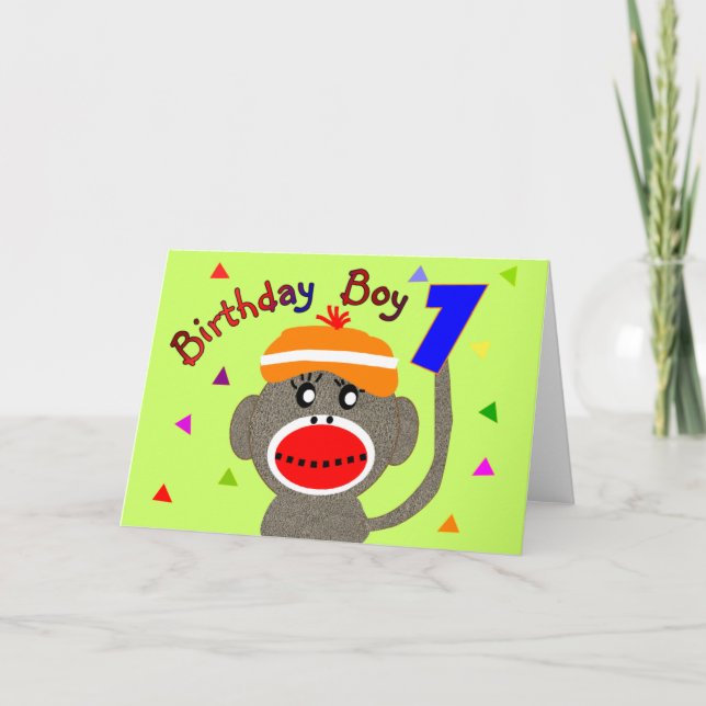 Birthday BOY Sock monkey 1 year old Card (Front)