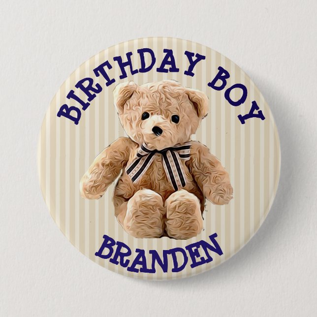 Birthday Boy Tan and Blue Teddy Bear Button (Front)