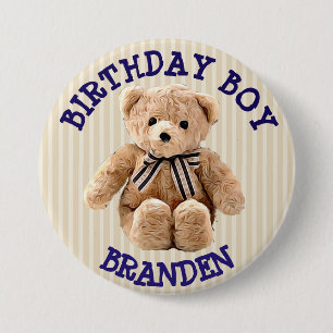 Birthday Boy Tan and Blue Teddy Bear Button