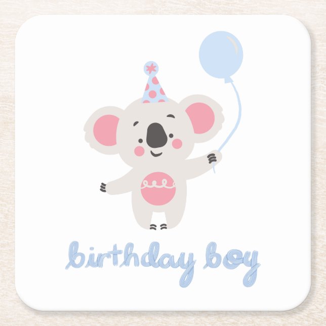 Birthday Boy Teddy Bear Holding A Balloon Square Paper Coaster (Front)