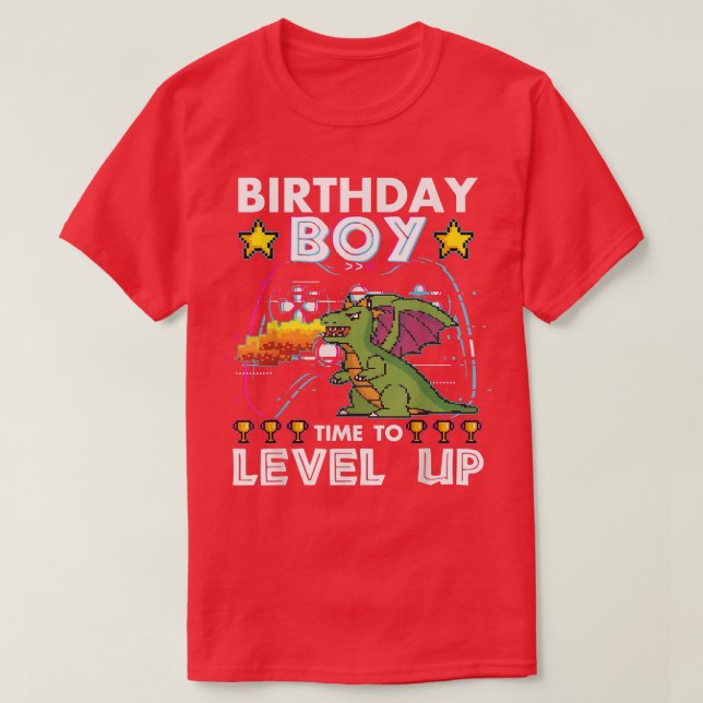 Birthday Boy Time To Level Up Kids Video Game Dino T-Shirt (Design Front)