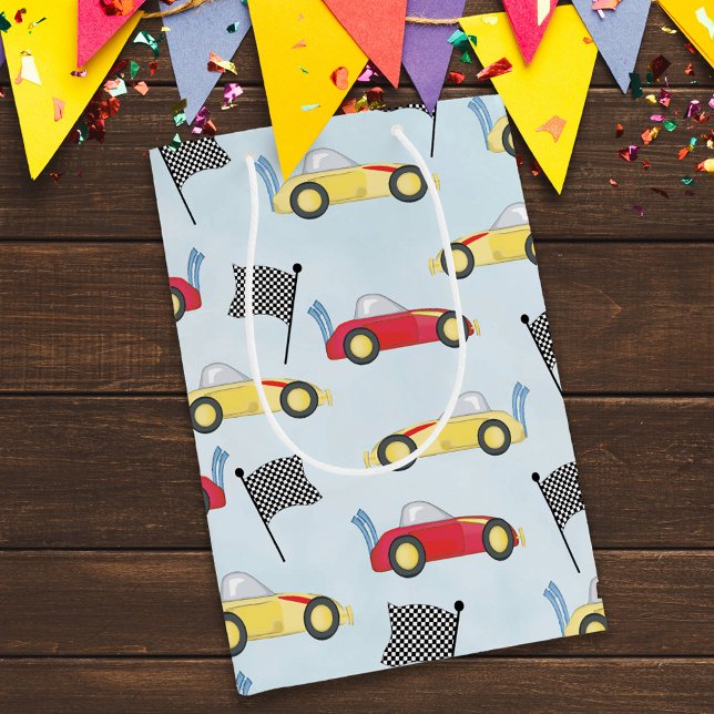 Birthday Boy Whimsical Race Cars Cute Pattern Medium Gift Bag (Creator Uploaded)