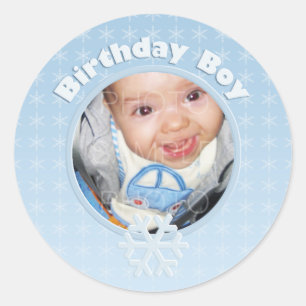 Birthday Boy Winter Onederland Blue Custom photo Classic Round Sticker