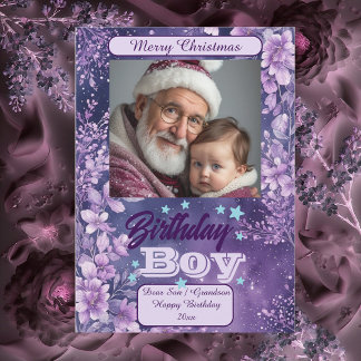 Birthday Boy's Christmas Purple Floral Watercolor Holiday Card