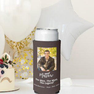 Birthday brown bistre photo man myth legend seltzer can cooler