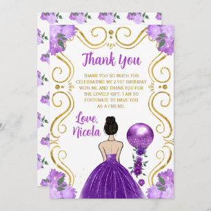 Birthday Brown Hair Princess Purple Happy Birthday Thank You Card