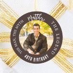 Birthday brown photo man myth legend classic round sticker<br><div class="desc">A trendy bistre,  brown background.   Text: The Man,  The Myth,  The Legend. Personalise and add his name,  age and photo.</div>