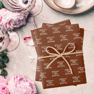 Birthday brown rust white name wrapping paper sheet