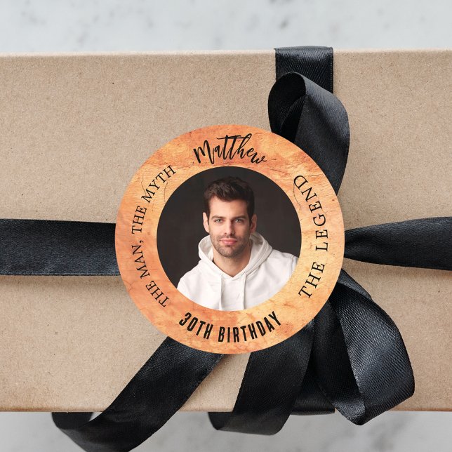 Birthday brown terracotta photo man myth legend classic round sticker (Creator Uploaded)
