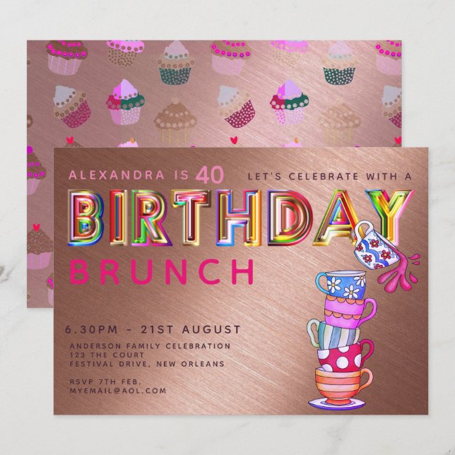 BIRTHDAY BRUNCH Rose Gold -  ANY AGE Invites (Front/Back)