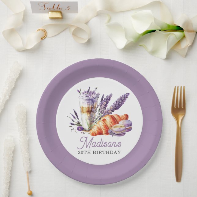 Birthday Brunch Watercolor Macarons and Croissant Paper Plate (Wedding)