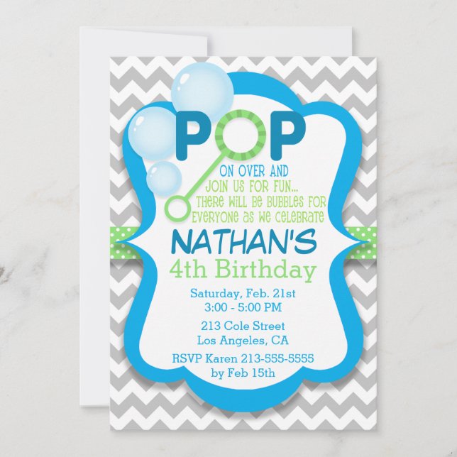 Birthday Bubble Pop Blue & Green Party Invitation (Front)
