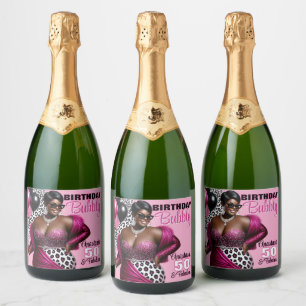 Birthday Bubbly Ethnic Woman Pink/Leopard Print  Sparkling Wine Label