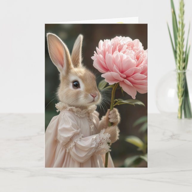 Birthday Bunny Holding a Pink Peony Card (Front)