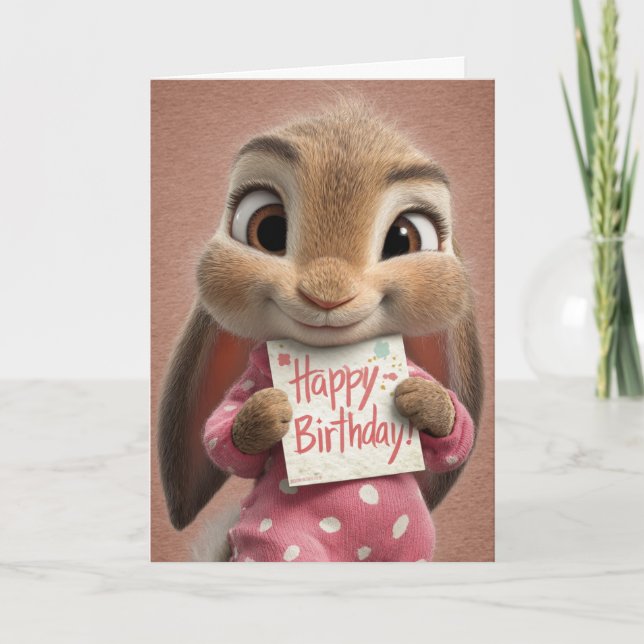 Birthday Bunny in Pink & White Polka Dot Pajamas Card (Front)