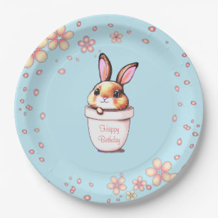 Birthday Bunny Plant Pot & Flowers on Light Blue Paper Plate