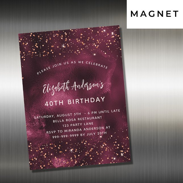 Birthday burgundy agate rose gold luxury magnetic invitation (Creator Uploaded)