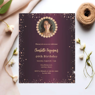 Birthday burgundy diamond glitter photo invitation