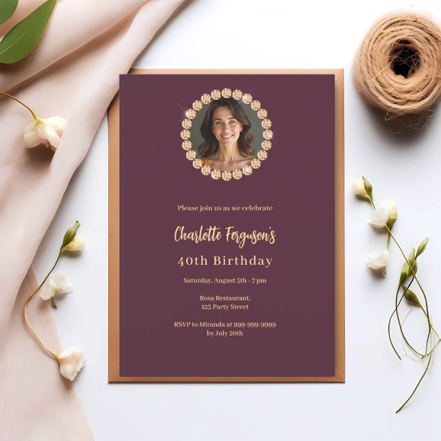 Birthday burgundy diamond photo invitation (Creator Uploaded)