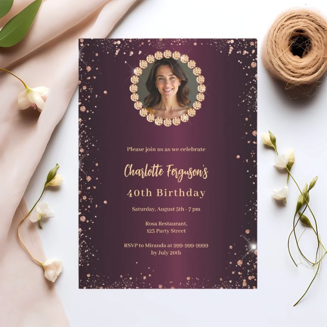 Birthday burgundy diamonds glitter photo invitation (Creator Uploaded)