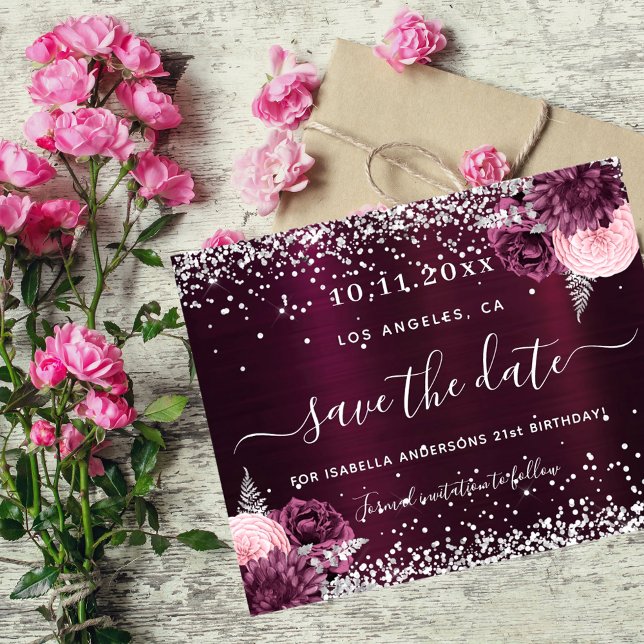 Birthday burgundy floral budget save the date flyer (Creator Uploaded)