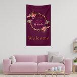 Birthday burgundy floral geometric welcome banner<br><div class="desc">A banner for a 50th or any age birthday party. A chic trendy burgundy background with a faux gold geometric frame. Decorated with dark purple and burgundy flowers, roses and boho style feathers. Templates for a name, age and a date. Date of birth or the date of the party. The...</div>