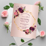 Birthday burgundy floral rose gold invitation postcard<br><div class="desc">On front: An invitation for a 50th (or any age) birthday party. An elegant and trendy rose gold faux metallic looking background with a faux gold geometric frame. Decorated with dark purple and burgundy flowers, roses and boho style feathers. Templates for a name and party details. The name is written...</div>